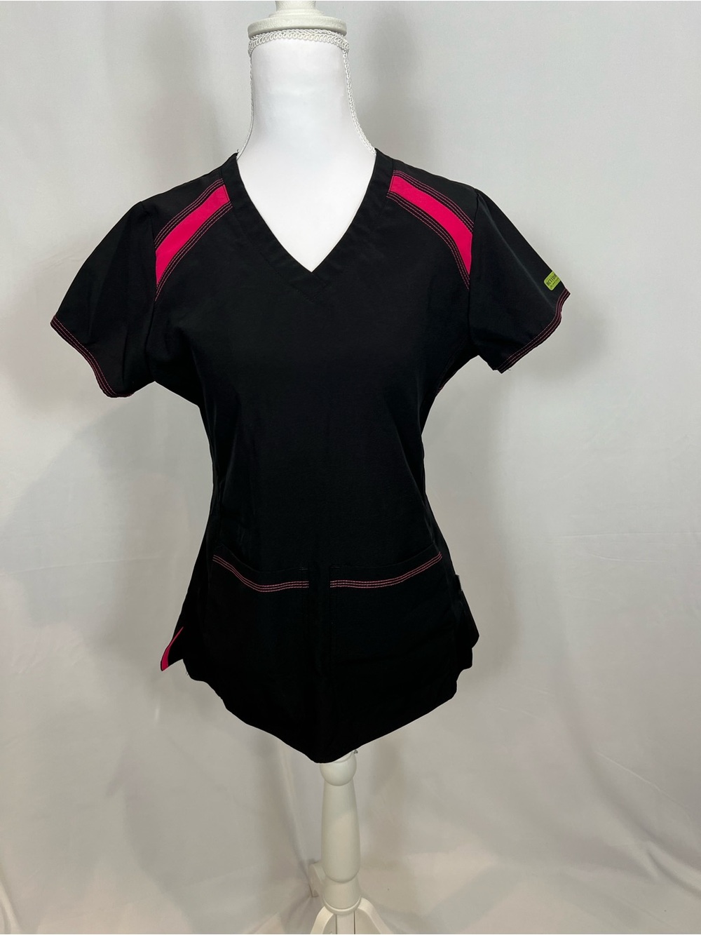 Med Couture Black Scrub Top with Pink Accents